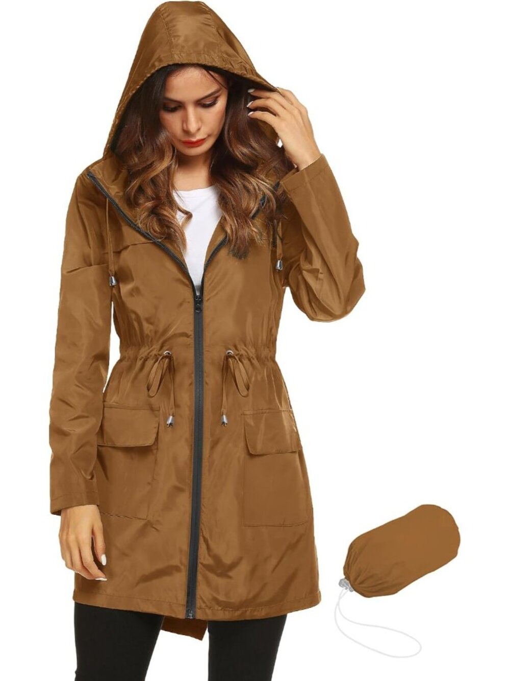 Women Brown Solid Packable Hooded Active Lightweight Waterproof Trench Rain Coat